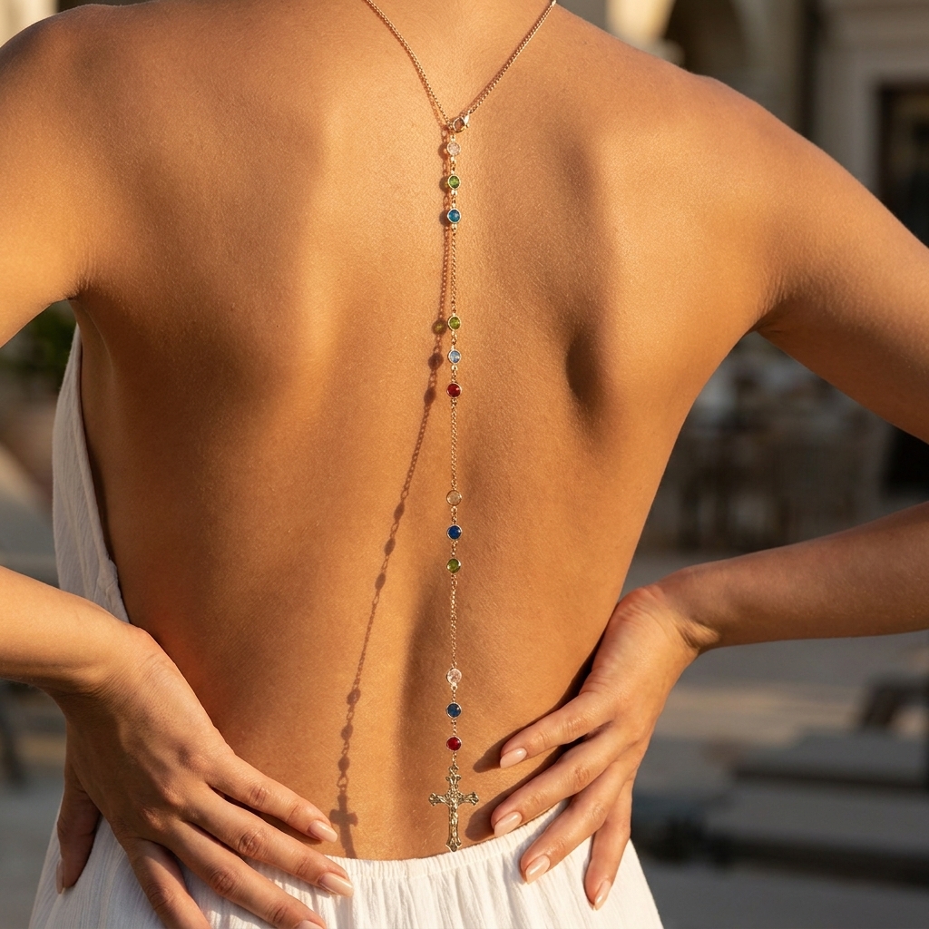 Body Jewelry Gold - Minimalist Cross Crystal Back Necklace Body